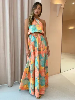 New Romantics Dolce Vita Halter Crop Size 10 and Maxi Skirt Size 8 Set Summer Rose Print for rent on The Volte - image 1