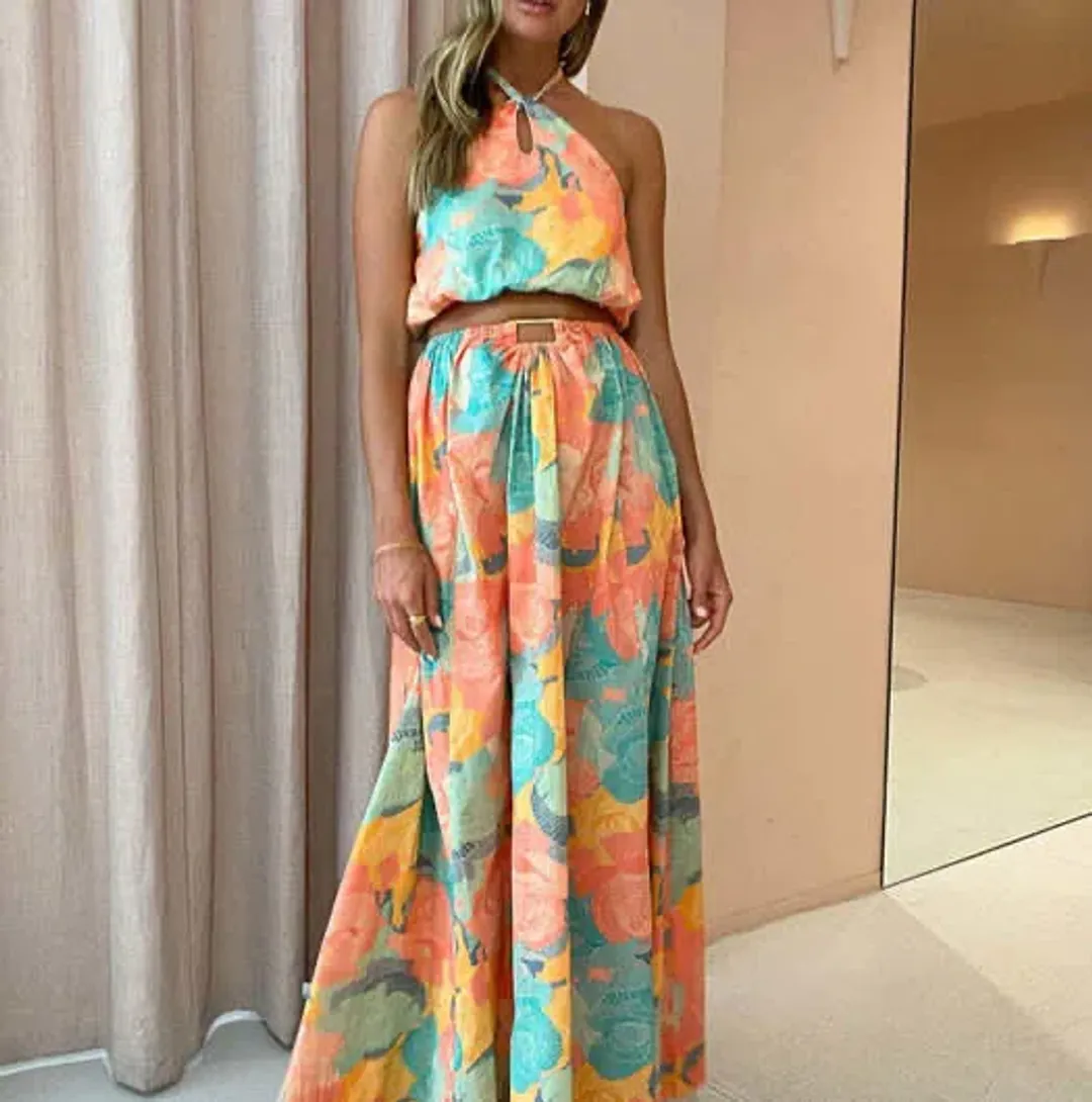 New Romantics Dolce Vita Halter Crop Size 10 and Maxi Skirt Size 8 Set Summer Rose Print for rent on The Volte - main image