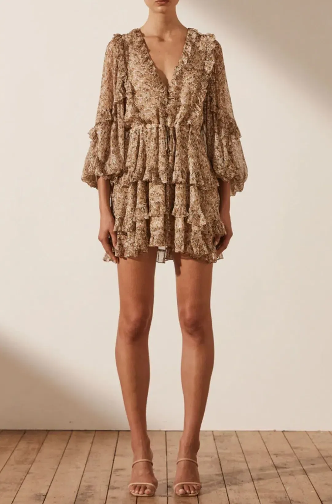 Shona Joy Ambar Balloon Sleeve Frill Mini Dress Print Size 12 for rent on The Volte - main image