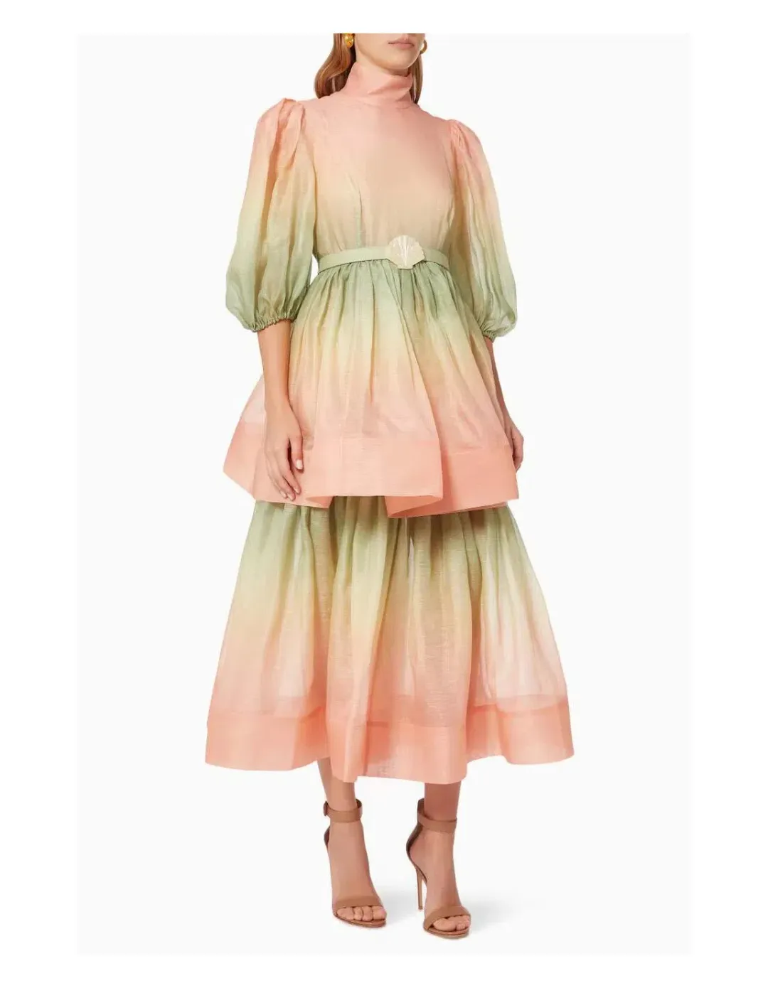 Zimmermann Postcard Puff Sleeve Midi Dress Ombre Watermelon Size 1 / Au 10 for rent on The Volte - main image