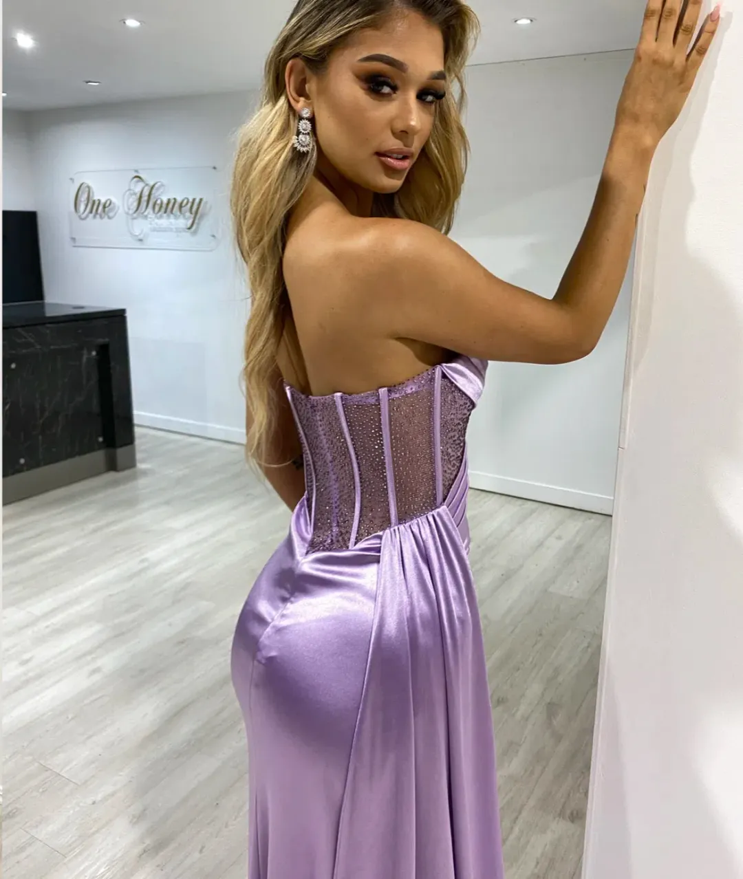 Honey Couture Gigi Corset Sparkle Bustier Strapless Mermaid Gown Dress Purple Size 8 for rent on The Volte - main image