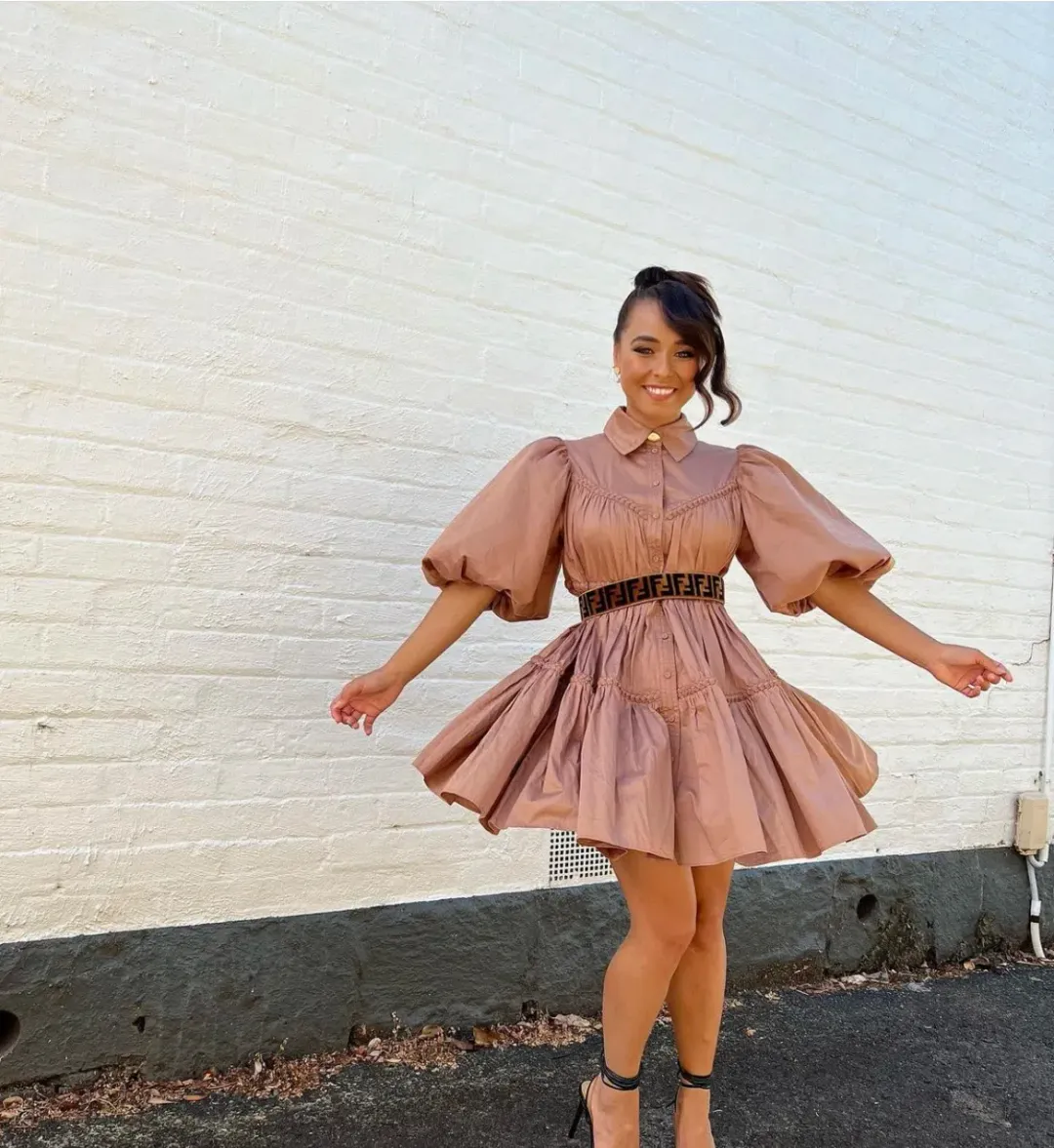 Aje Casabianca Puff Sleeve Shirt Smock Dress Walnut Brown Size 8  for rent on The Volte - main image