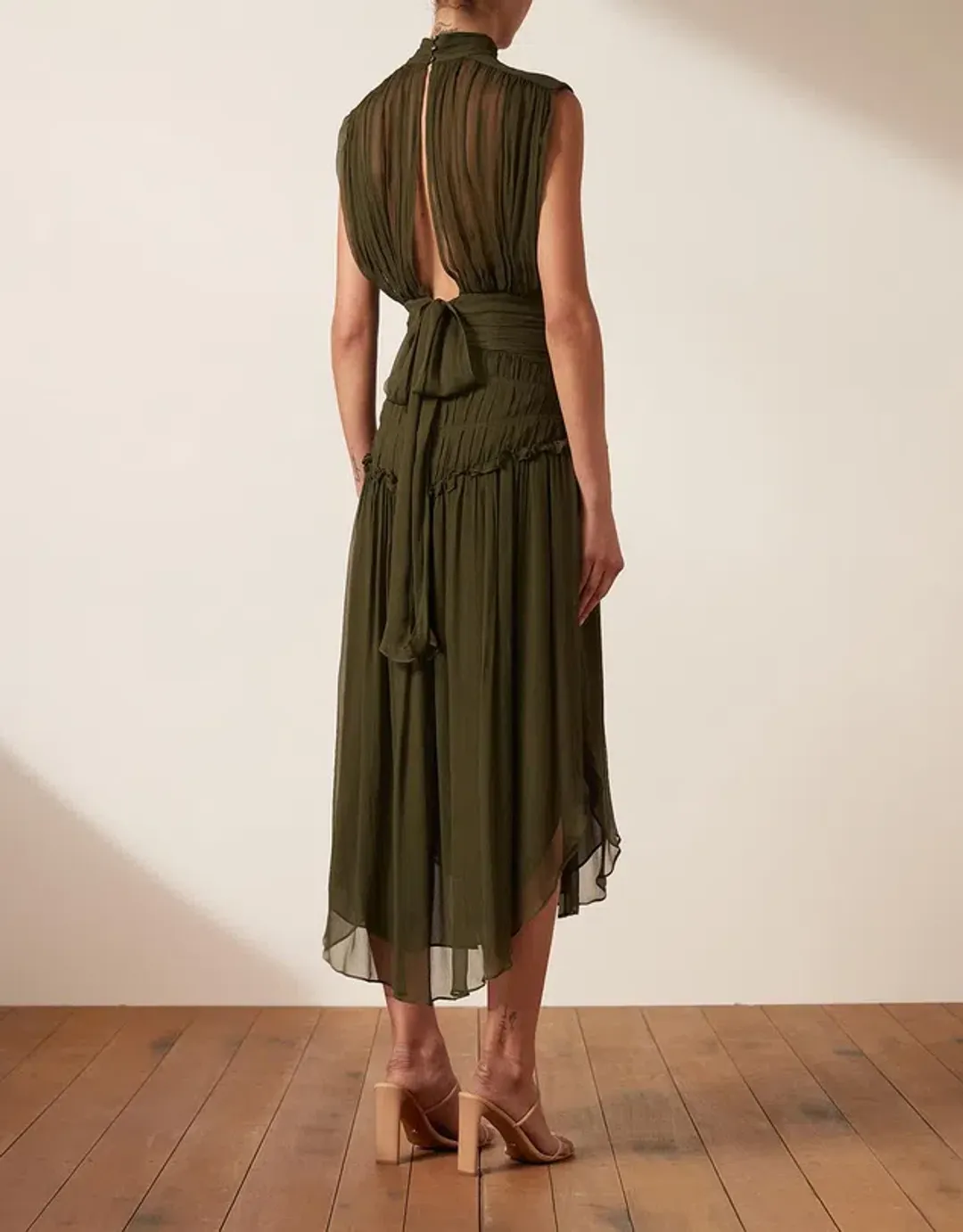 Shona Joy Safira Sleeveless Open Back Midi Dress in Olive Green Size 8 for rent on The Volte - main image