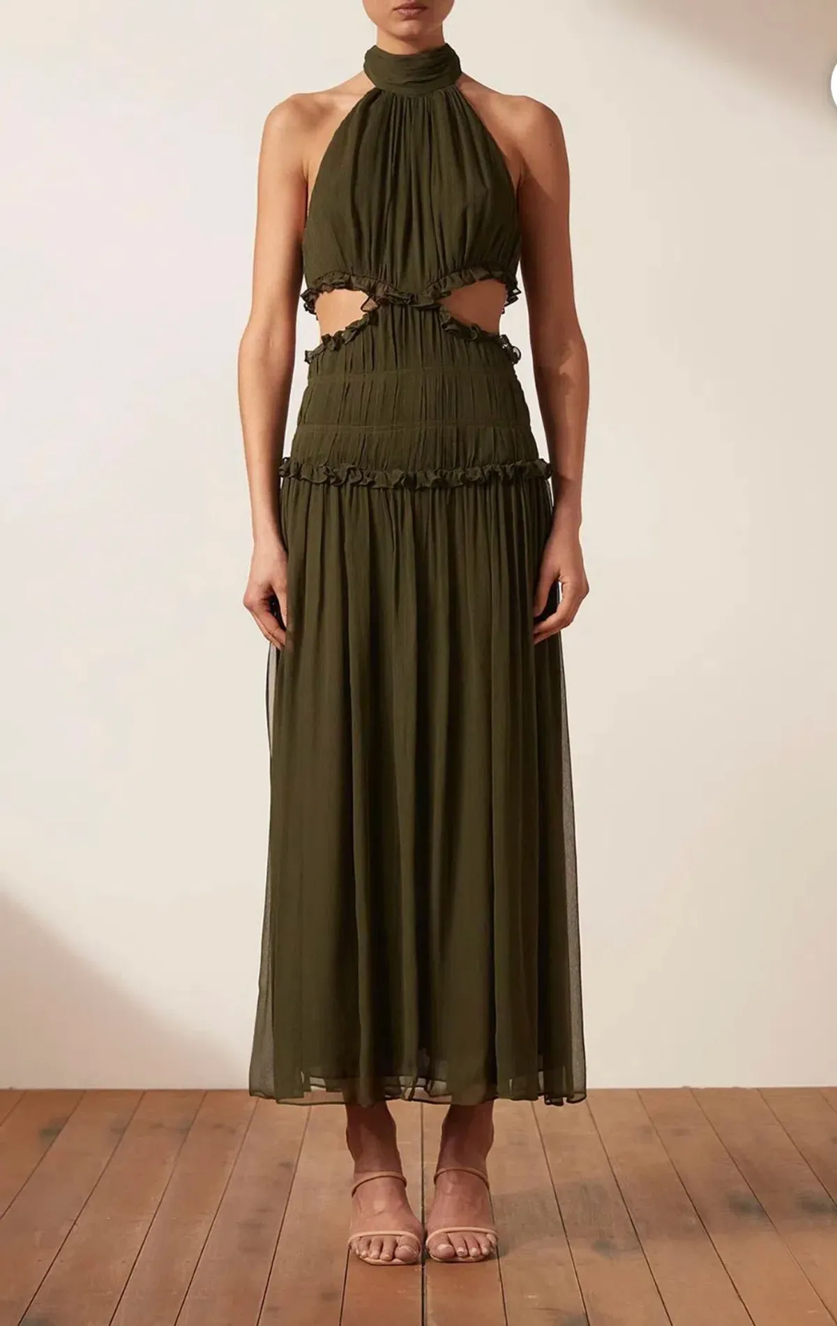 Shona Joy Safira High Neck Cut-Out Midi Dress Green Size 14 for rent on The Volte - main image