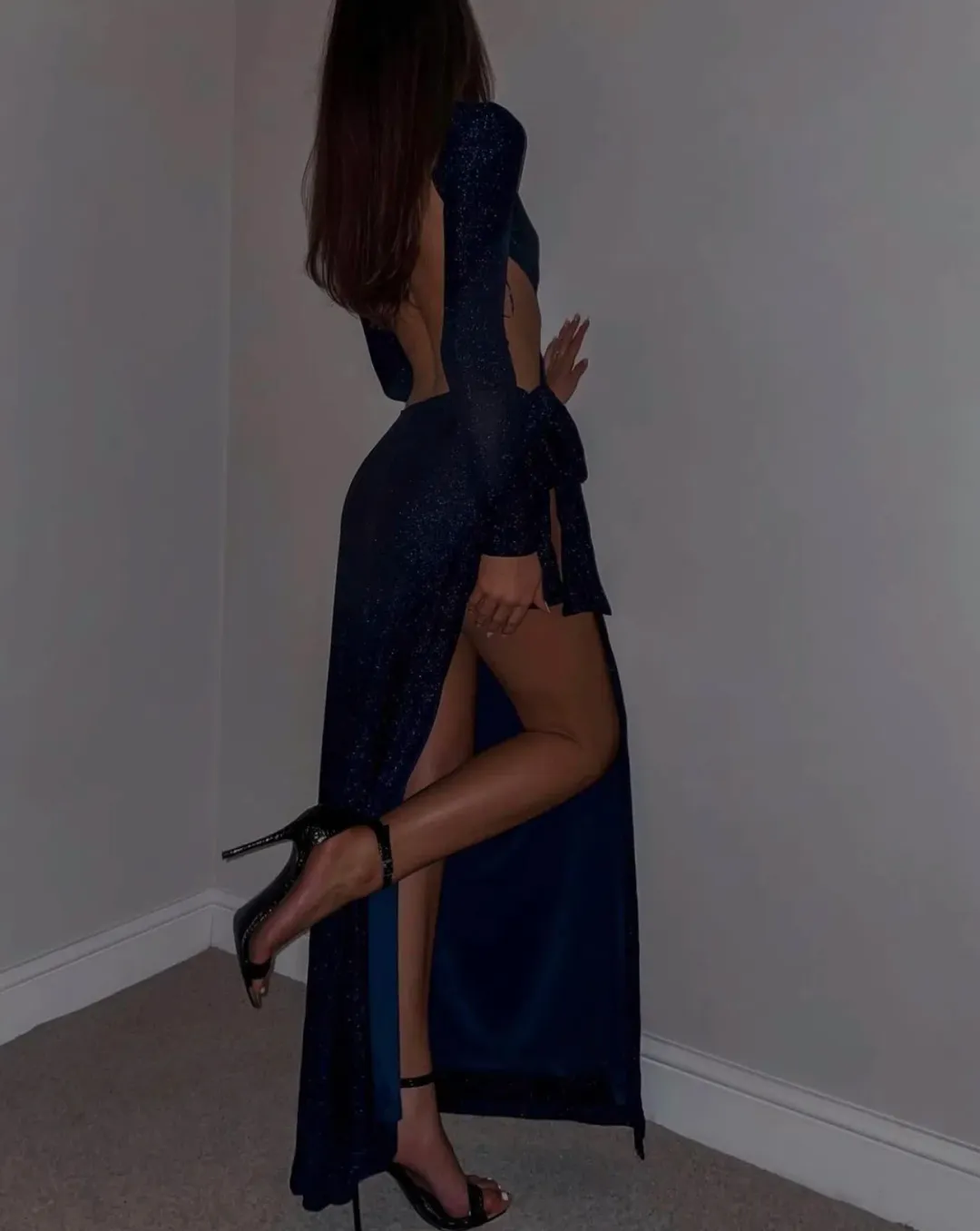 Meshki Christina Backless Maxi Wrap Dress Navy Shimmer Size 6 for rent on The Volte - main image