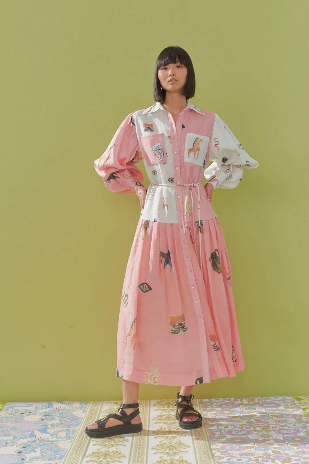 Alemais Cleo Patchwork Shirtdress Pink Size 14 for rent on The Volte - main image