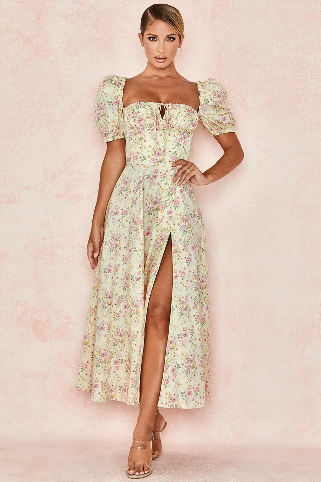 House of CB Tallulah Puff Sleeve Midi Sundress Lemon Floral Size 8 for rent on The Volte - main image