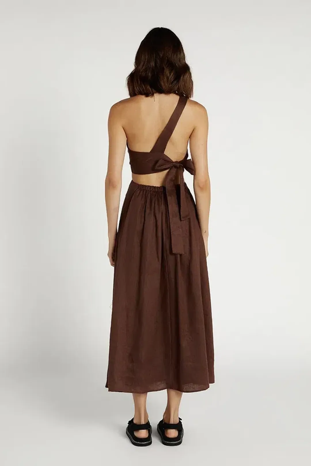 Dissh Keating Choc Linen Knot Mini Dress Brown Size S for rent on The Volte - main image