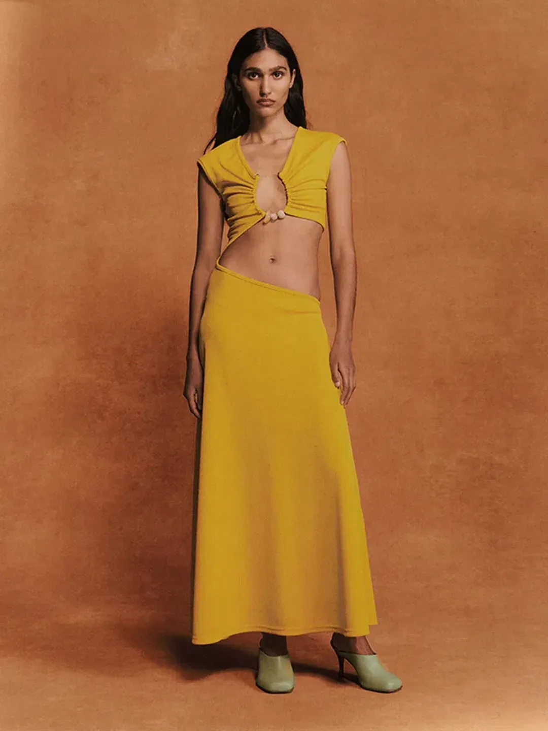 Christopher Esber The Quartz Disconnect Torso Cap Sleeve Dress Yellow Size 6  for rent on The Volte - main image