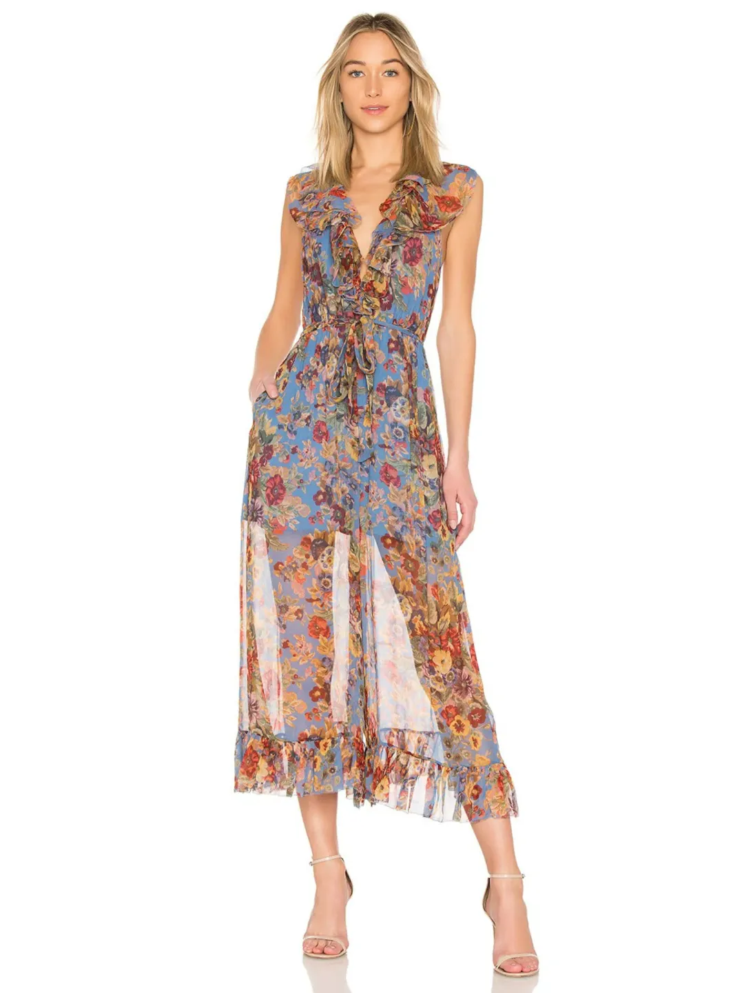 Zimmermann Lovelorn Frill Jumpsuit In Blue Floral Size 0 / AU 8 for rent on The Volte - main image