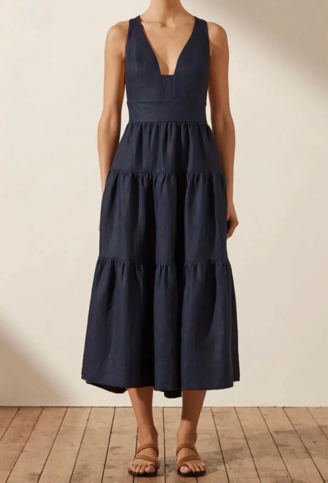 Shona Joy LIGIA LINEN PLUNGED CROSS BACK MIDI DRESS - NAVY for rent on The Volte - main image
