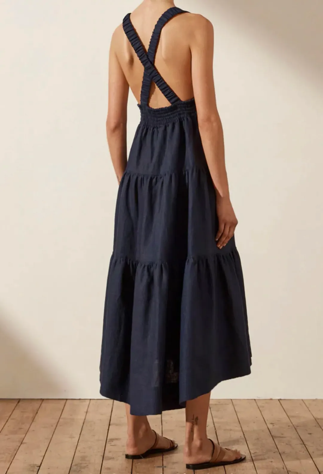 Shona Joy LIGIA LINEN PLUNGED CROSS BACK MIDI DRESS - NAVY for rent on The Volte - main image