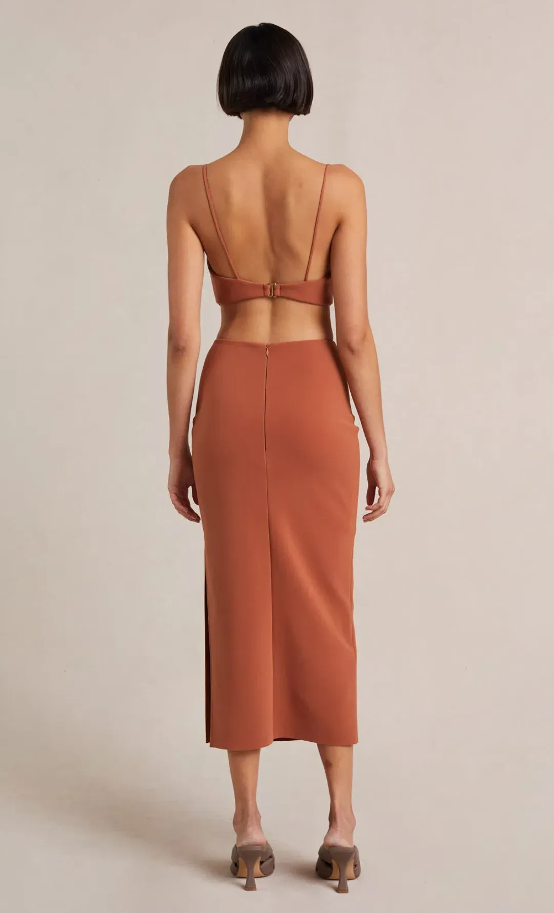 Bec & Bridge Alba Cut Out Midi Dress Terracotta  Size 6  for rent on The Volte - main image