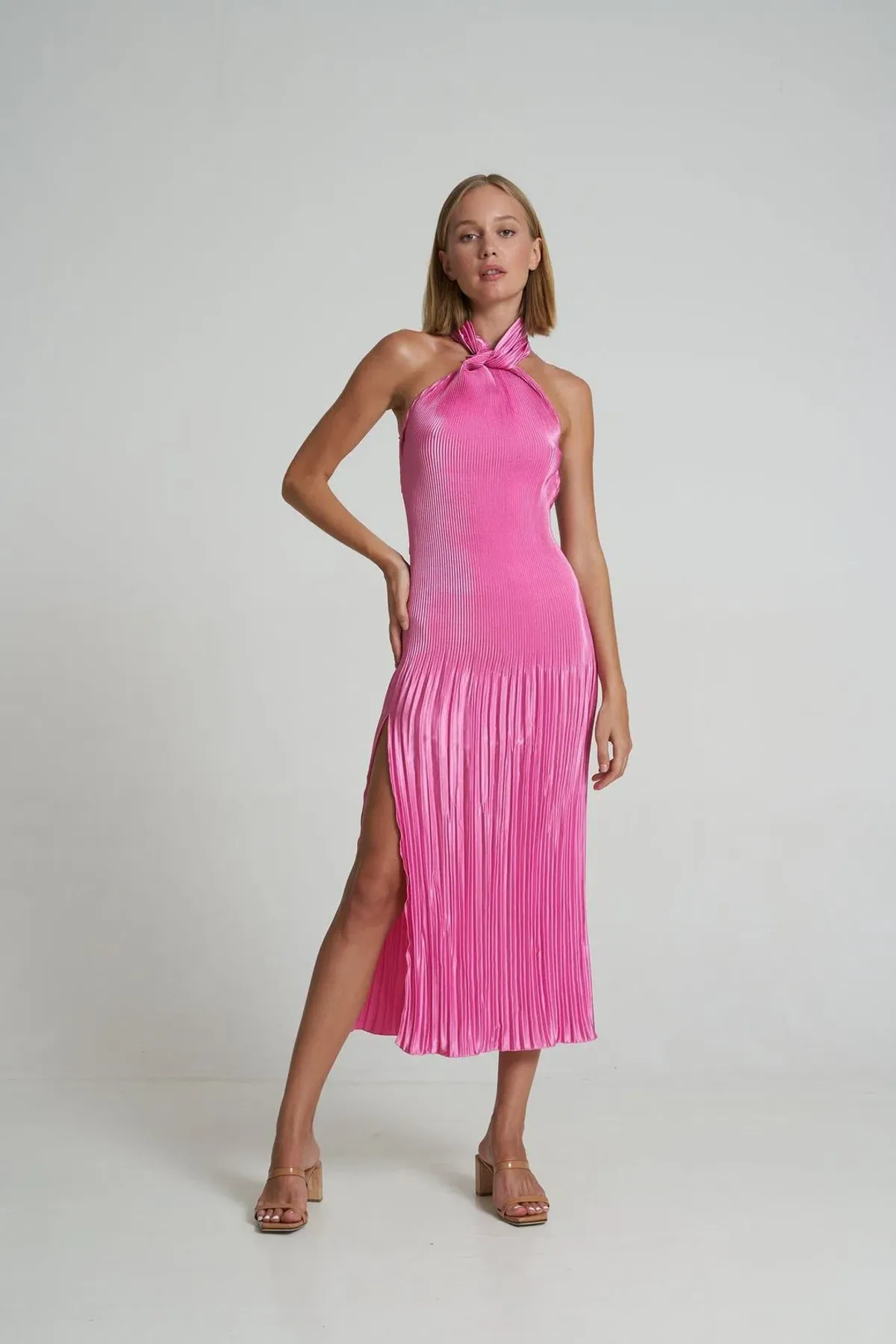 Lidee Soiree Halter Midi Dress in Hot Pink Size 8 for rent on The Volte - main image