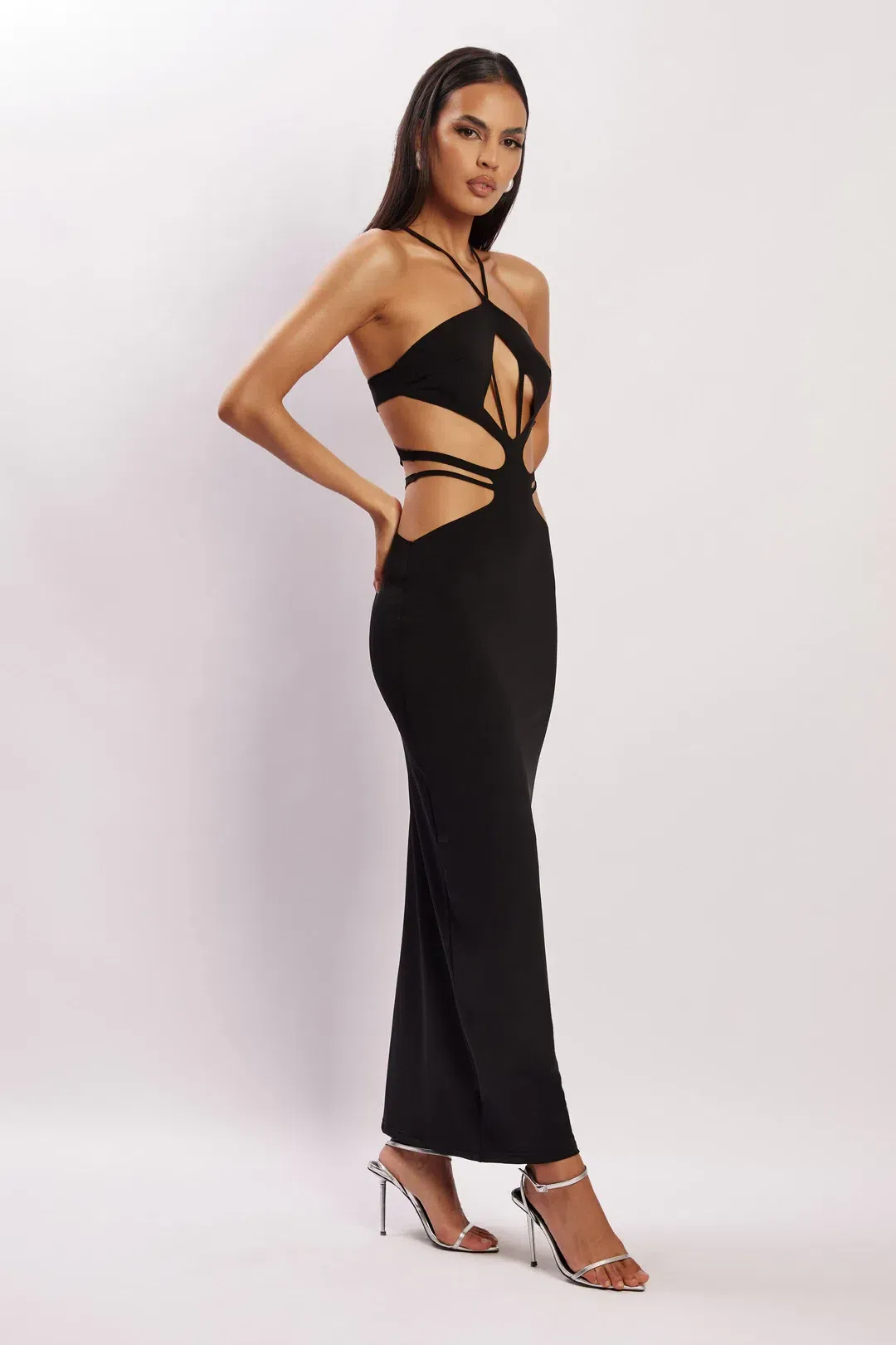 Meshki Eden Halter Strappy Cutout Maxi Dress Black Size S for rent on The Volte - main image
