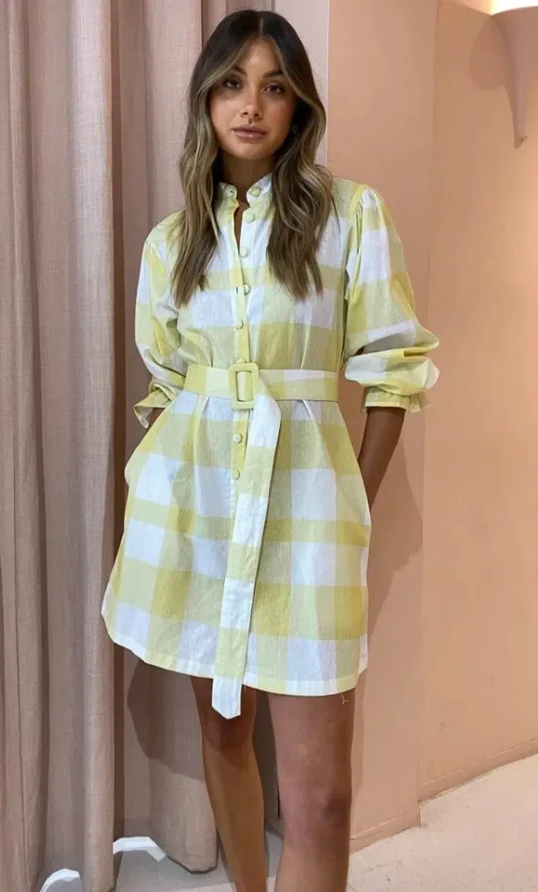 Ambra Maddalena Sammie Smock Dress in Lemon Checkers Print Size 8 for rent on The Volte - main image