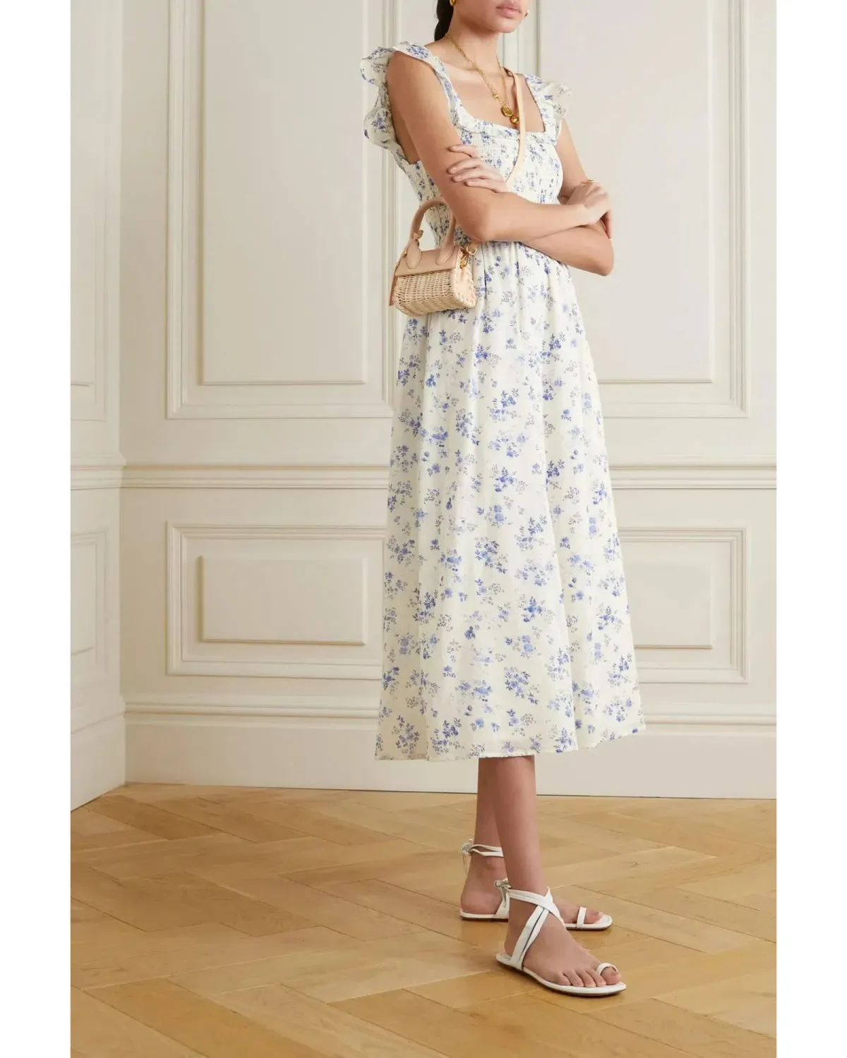 Reformation Noreen Shirred Cotton Voile Midi Dress Floral Print Size AU 10 for rent on The Volte - main image