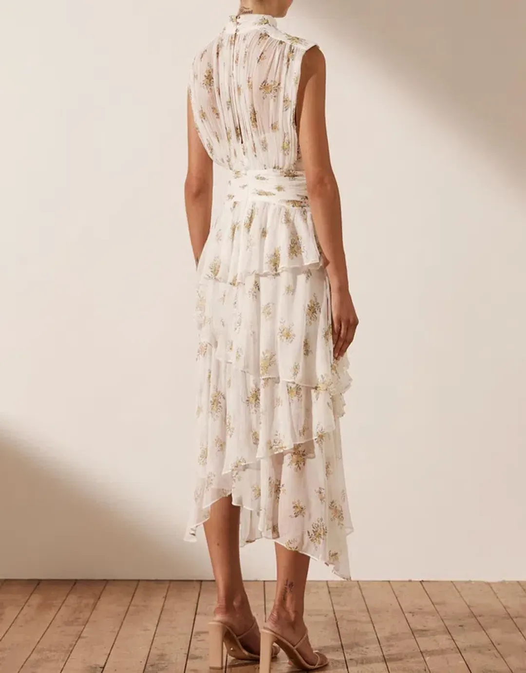 Shona Joy Julieta Sleeveless Ruched Midi Dress Print Size 6  for rent on The Volte - main image