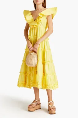 Leo Lin The Limon Silk Linen Midi Dress Midi Yellow Size 8 for rent on The Volte - image 1
