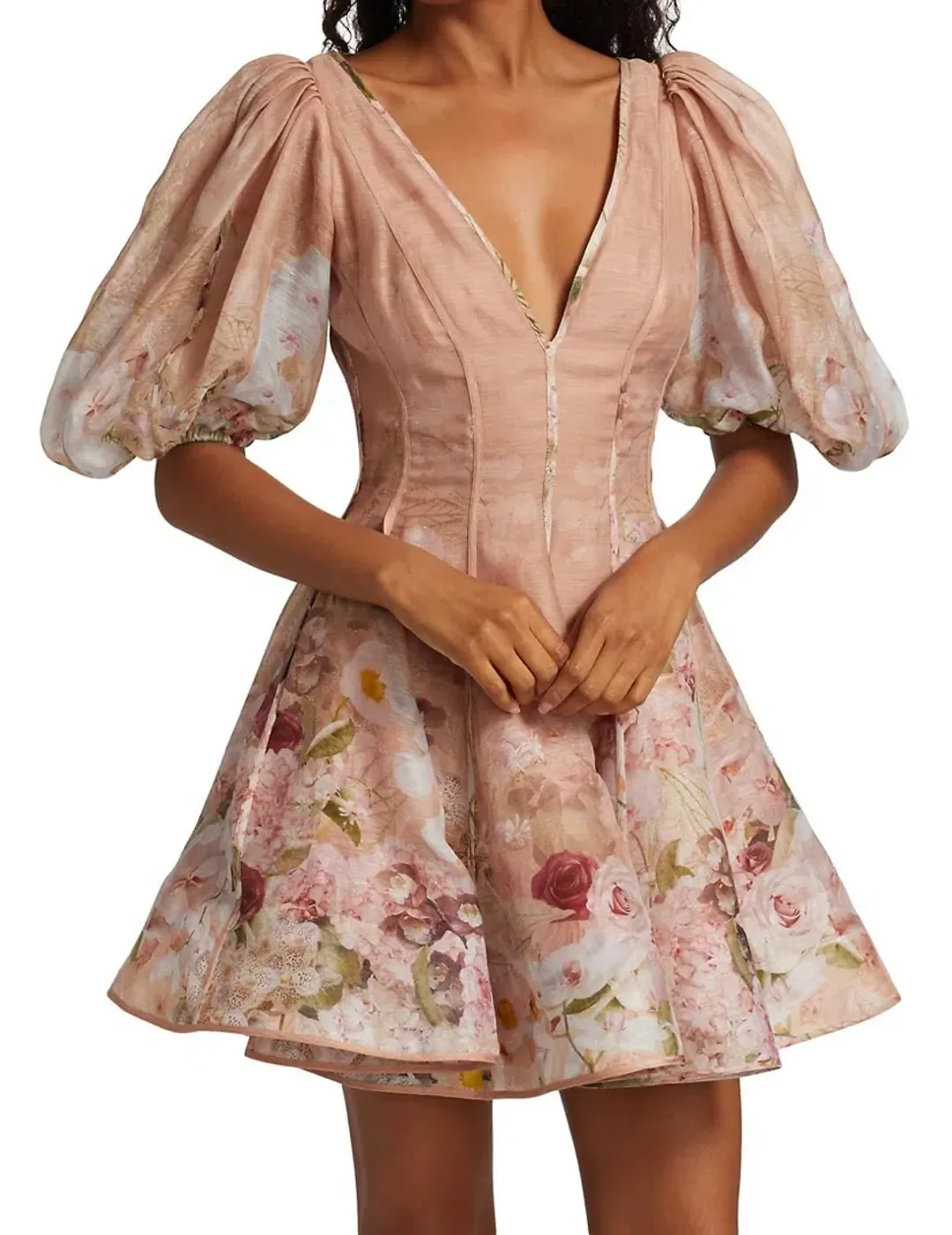 Zimmermann Dancer Puff Sleeve Mini in Blush Garden Floral Print Size 1 / Au 10 for rent on The Volte - main image