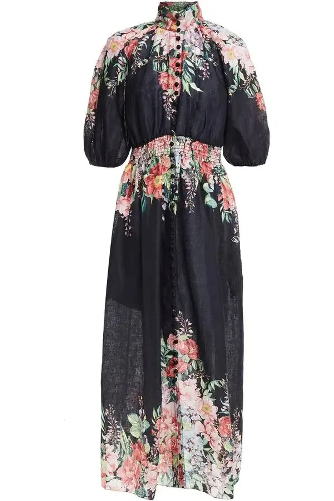 Zimmermann Bellitude Shirred Waist Midi Dress in Dark Navy Floral Size 0 / AU 8  for rent on The Volte - main image