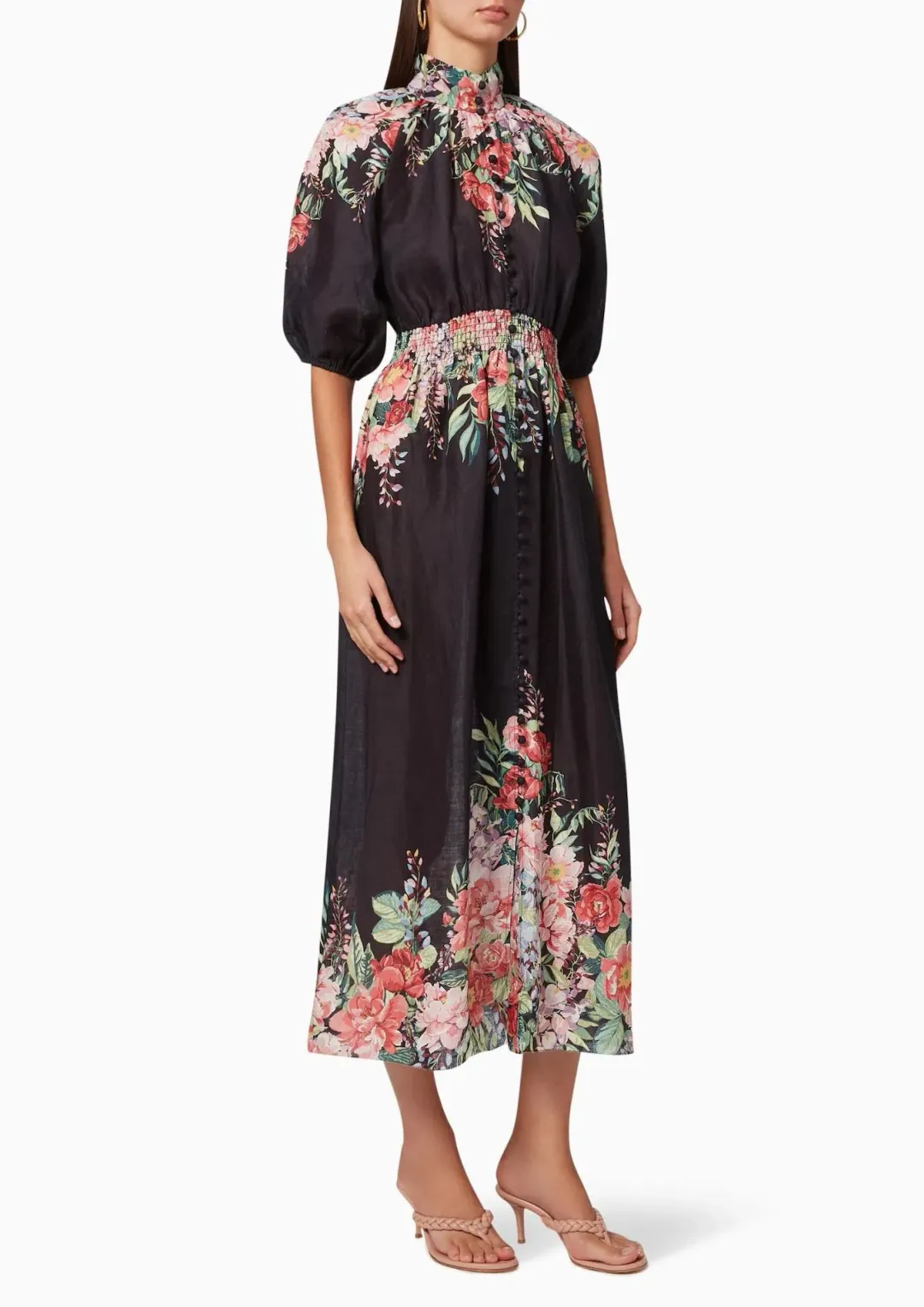 Zimmermann Bellitude Shirred Waist Midi Dress in Dark Navy Floral Size 0 / AU 8  for rent on The Volte - main image