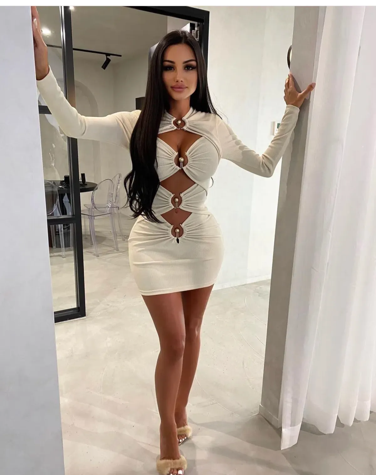 Christopher Esber Ruched Column Long sleeve mini dress Cream for rent on The Volte - main image