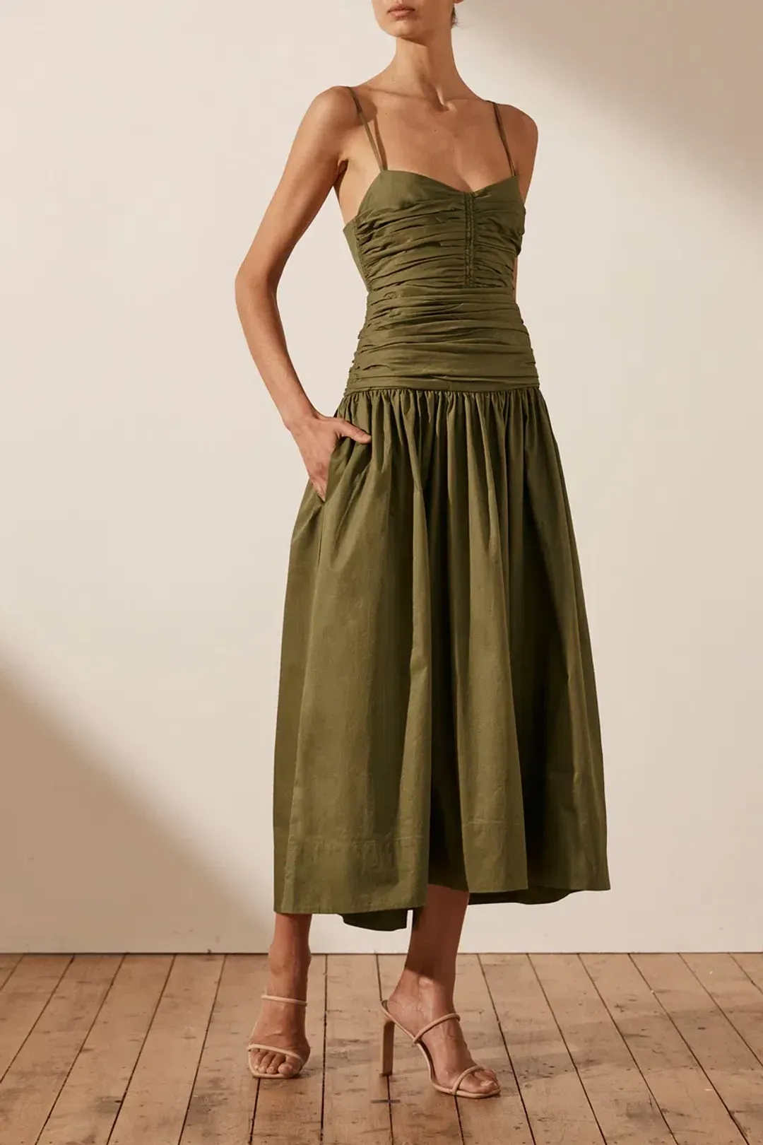 Shona Joy Amaia Ruched Midi Dress Green Size 6 for rent on The Volte - main image