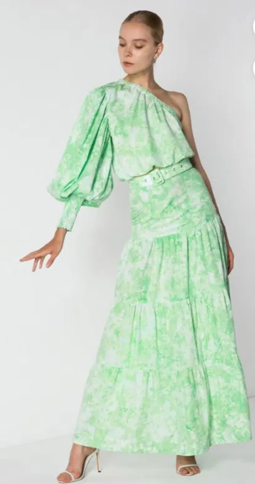 SWF Boutique One Shouldered Crop and Layered Skirt Set Force Green Size 8 for rent on The Volte - main image