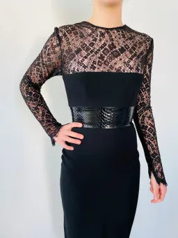 Alex Perry Mabelle Lace Long Sleeve Plastic & Satin Crepe Pencil Dress Black Size 6 for rent on The Volte - image 2