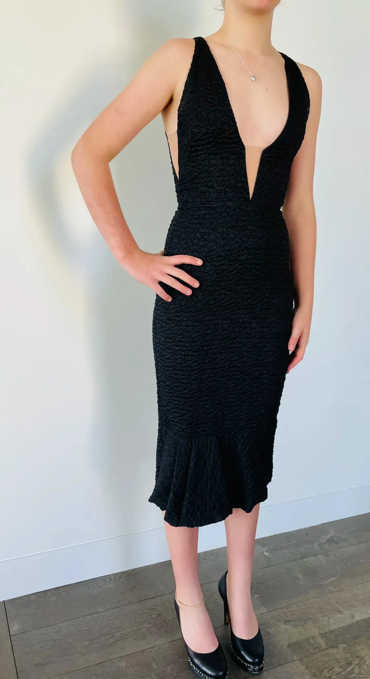 Alex Perry Plunge V Neck Midi Dress Black Size 6 for rent on The Volte - main image
