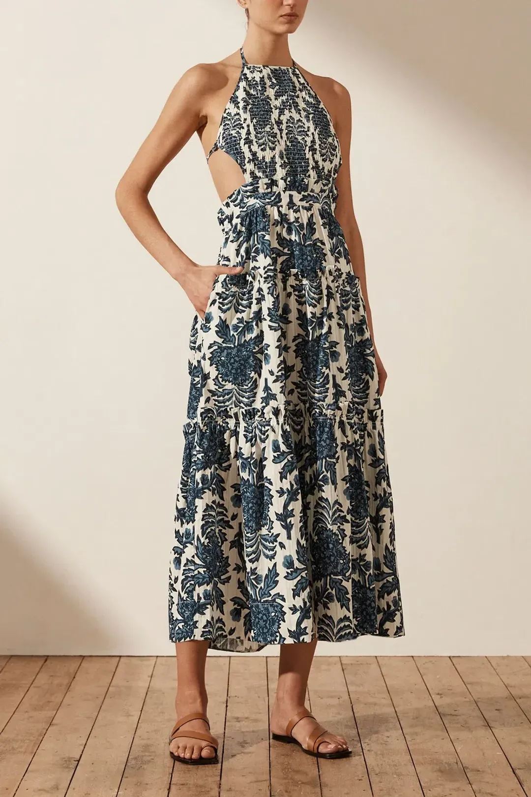 Shona Joy Diana Shirred Backless Midi Dress Print Size 10 for rent on The Volte - main image