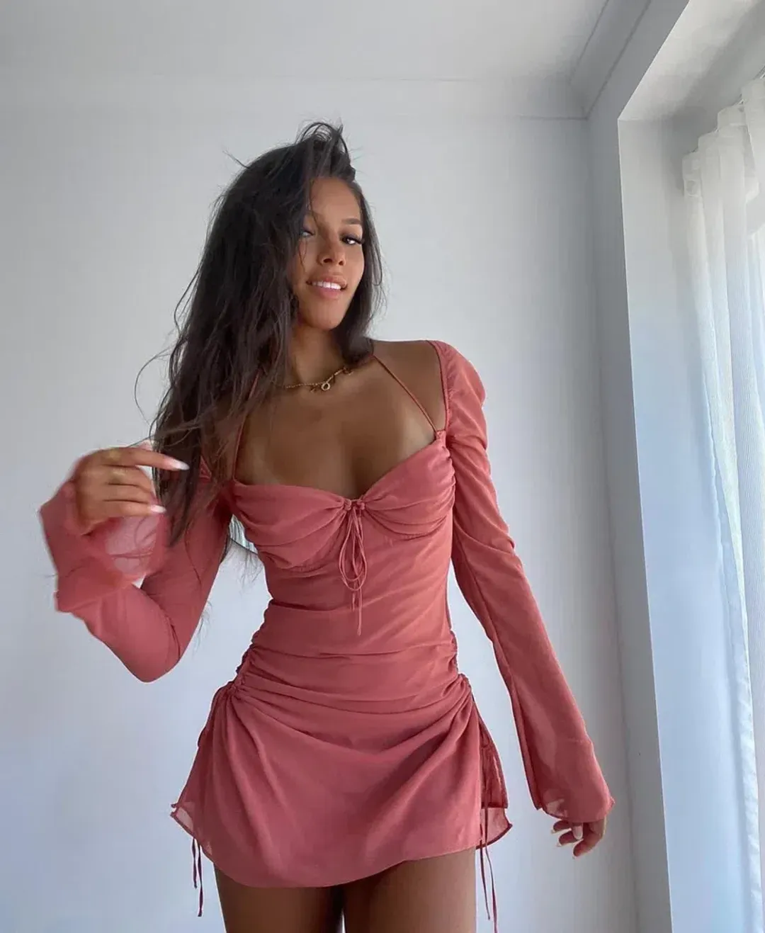 House Of CB Baby Chiffon Cutout Halter Mini Dress Pink Size 6 for rent on The Volte - main image