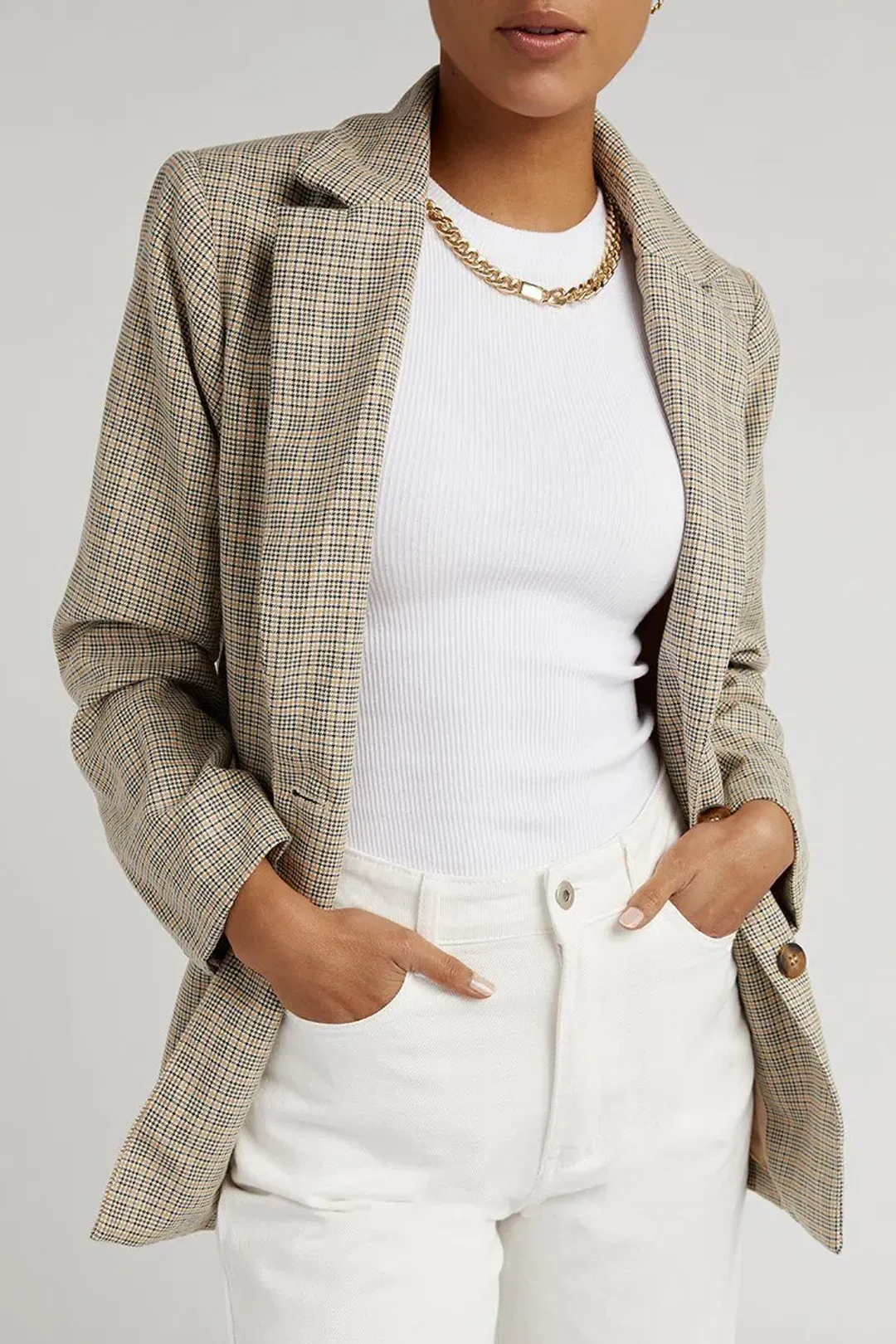 DISSH Frankie Plaid Beige Blazer Print Size 12 for rent on The Volte - main image