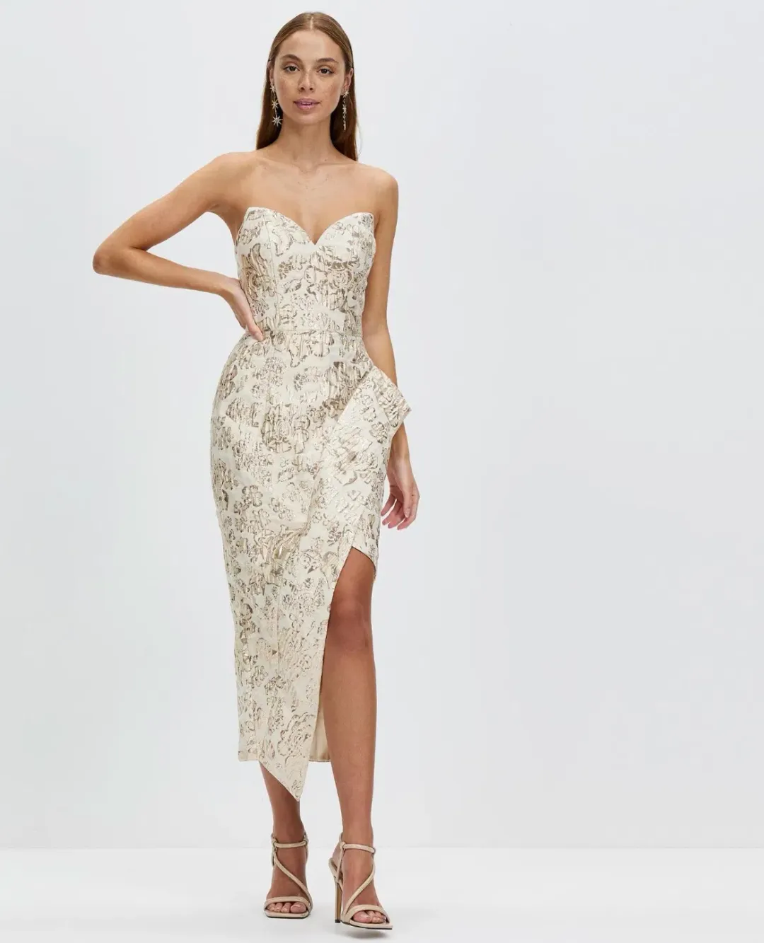 Bariano Adelina Metallic Midi Dress Gold Size 10 for rent on The Volte - main image