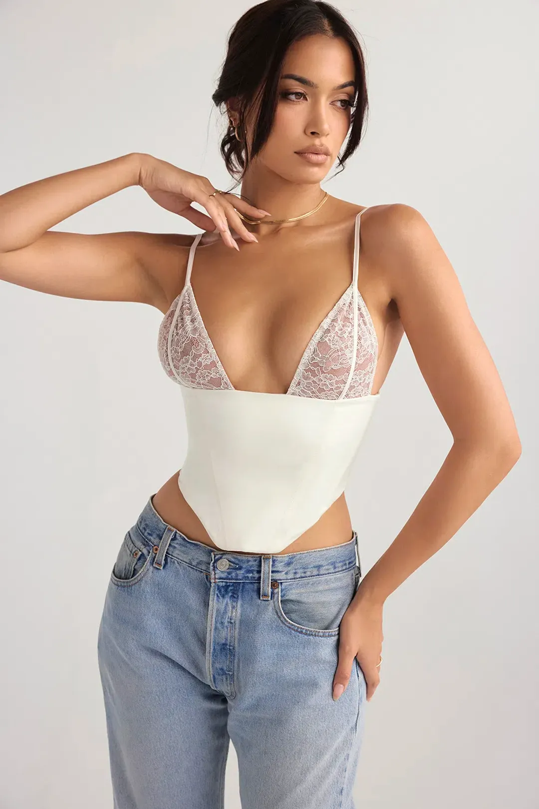 House of CB Emilee Ivory Satin and Lace Corset White Size 8 for rent on The Volte - main image