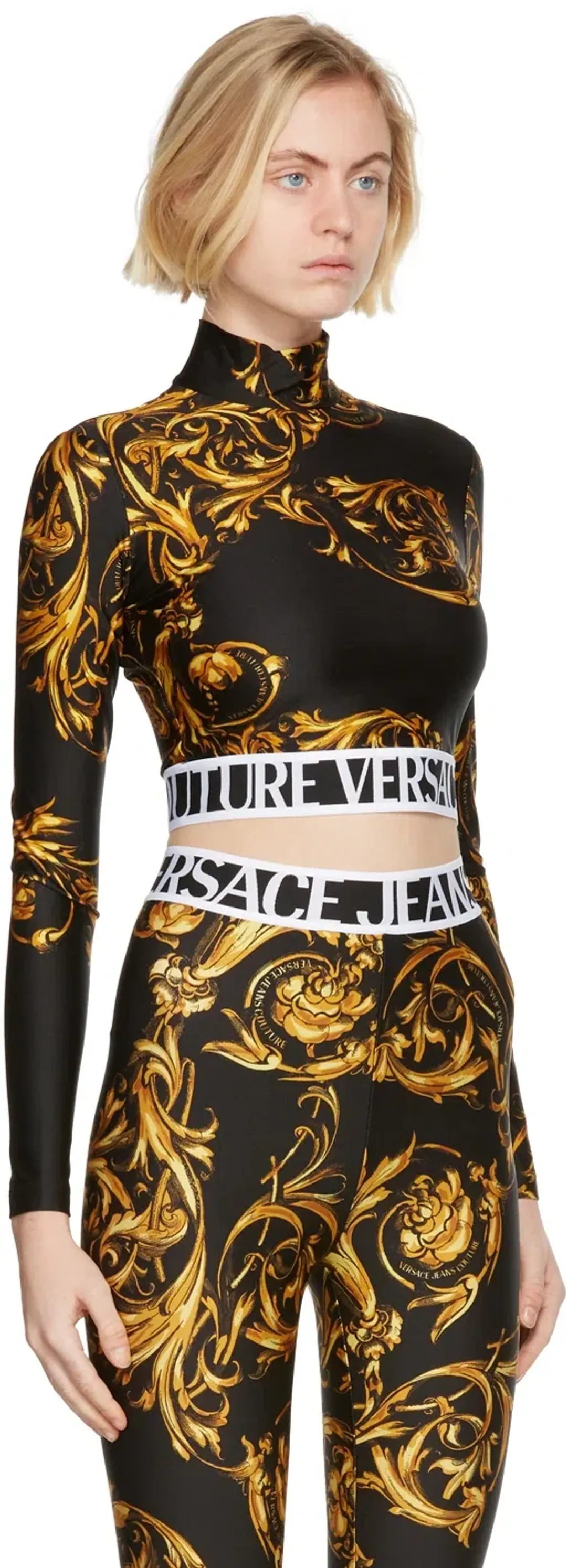 Versace Garland Crop Top and Leggings Set Black/Print Size 8 for rent on The Volte - main image