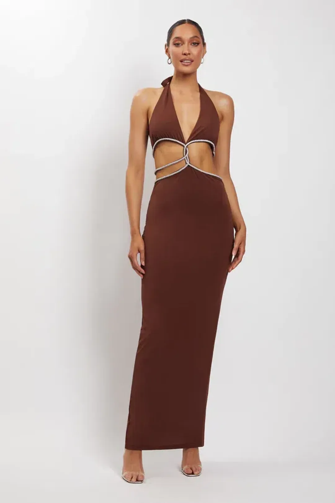 Meshki Nicha Diamante Cut Out Dress Chocolate Size 6 for rent on The Volte - main image
