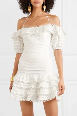 Zimmermann Allia Pintuck Off-the-soulder Ruffled Linen Mini Dress White Size 6 for rent on The Volte - image 3