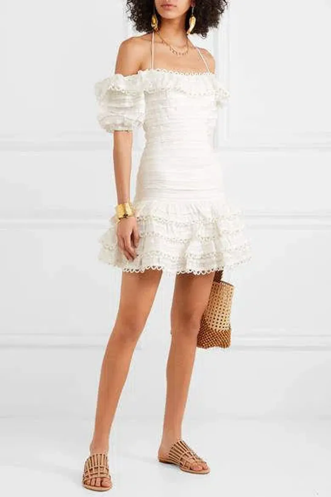 Zimmermann Allia Pintuck Off-the-soulder Ruffled Linen Mini Dress White Size 6 for rent on The Volte - main image