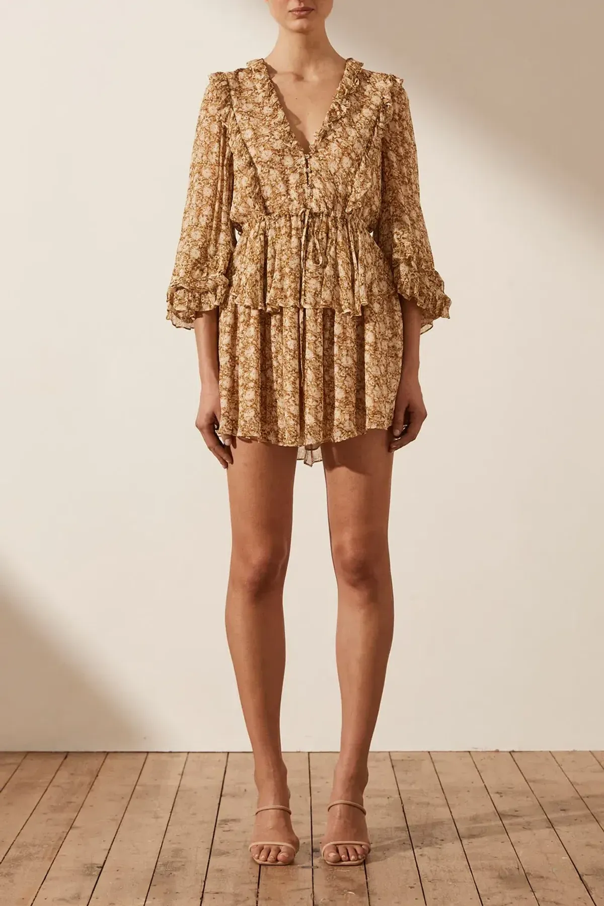 Shona Joy Julia Balloon Sleeve Drawstring Mini Dress Print Size 8 for rent on The Volte - main image