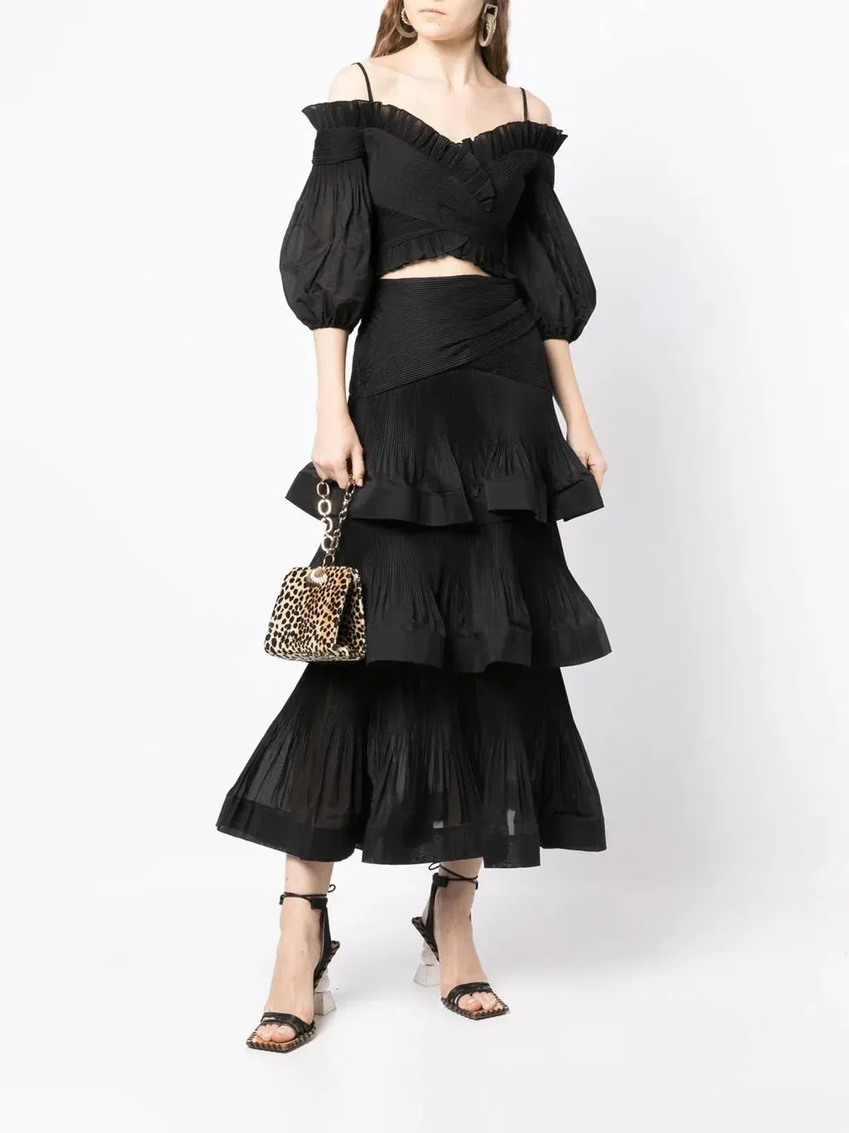 Zimmermann Pleated Off Shoulder Top & Pleated Midi Skirt Set Black Size 6 for rent on The Volte - main image