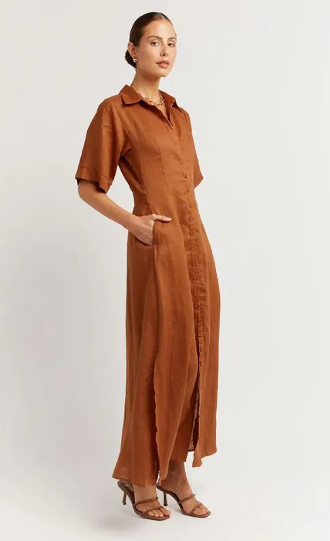 DISSH Darby Linen Shirt Midi Dress Spice Size 10 for rent on The Volte - main image