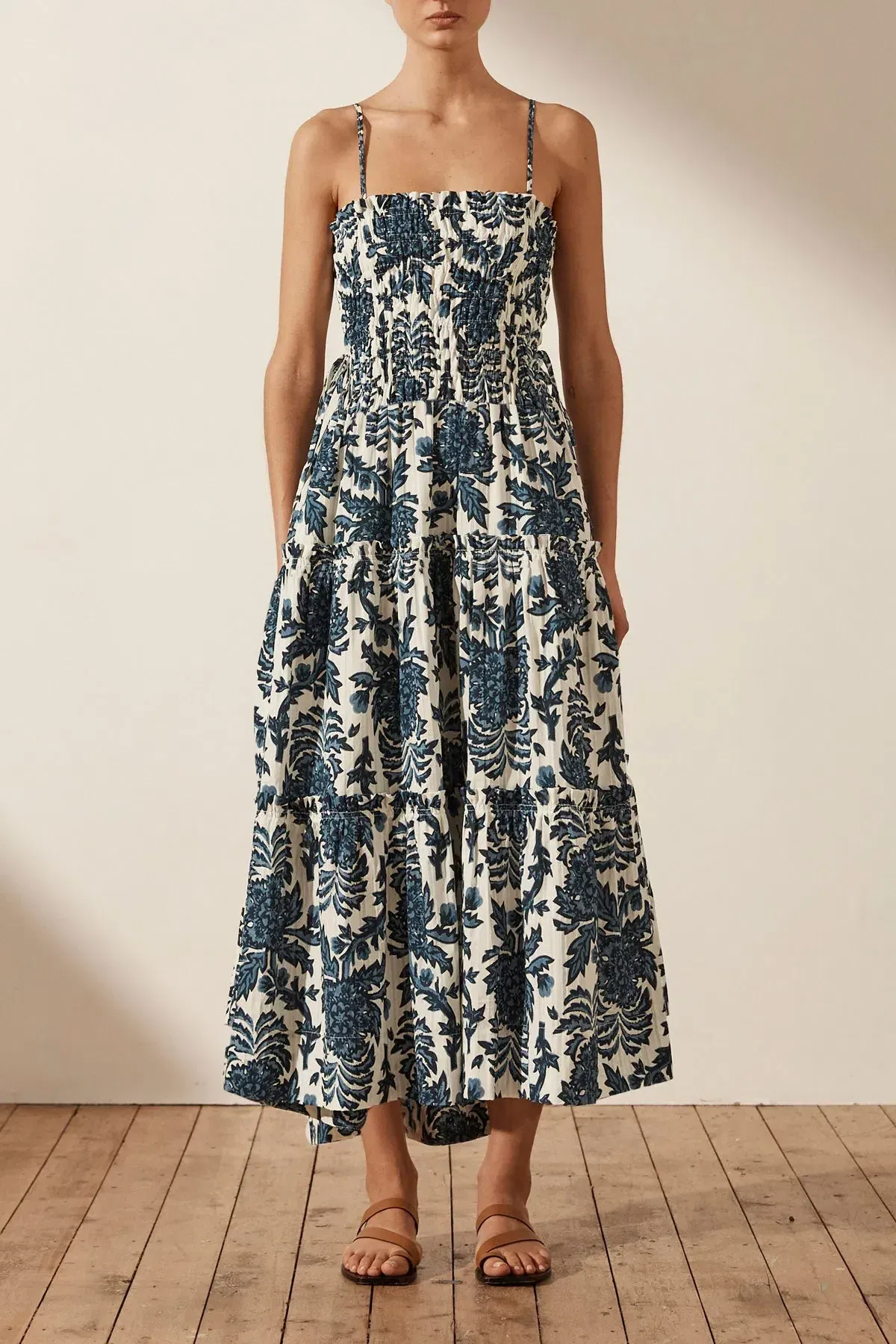 Shona Joy Diana Shirred Tiered Midi Dress Print Size 8 for rent on The Volte - main image