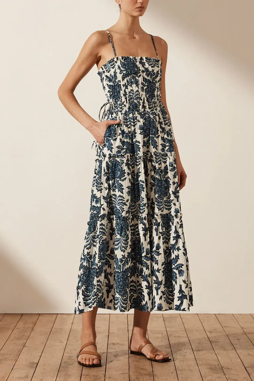 Shona Joy Diana Shirred Tiered Midi Dress Print Size 8 for rent on The Volte - main image
