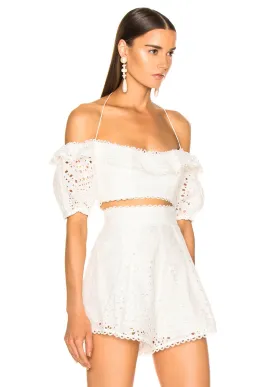 Zimmermann Heathers Off Shoulder Top and High Waisted Short Set Ivory Size 0 / AU 8 for rent on The Volte - image 2