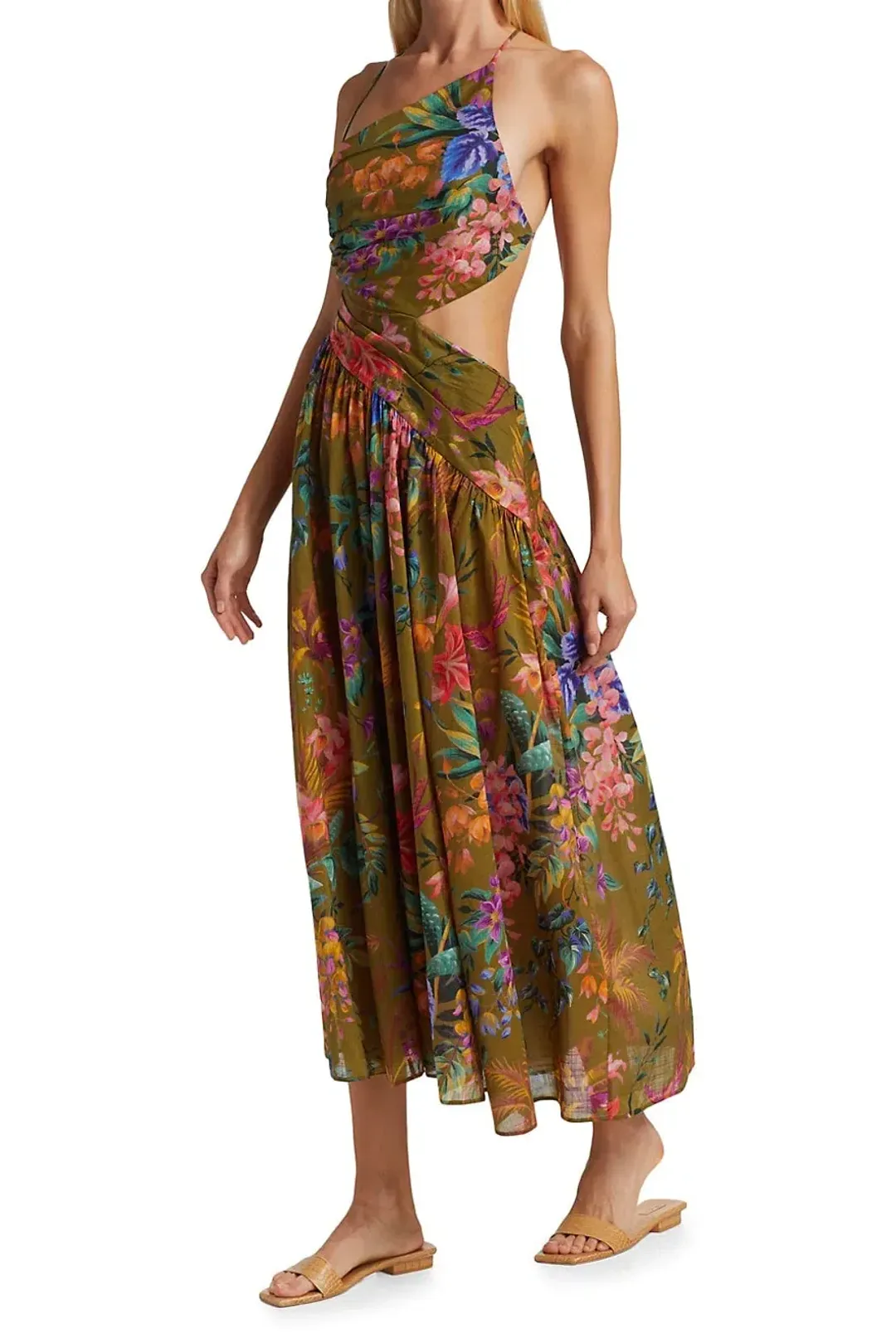 Zimmermann Tropicana Asymmetric Dress Khaki Floral Size 0P / Au 6 for rent on The Volte - main image