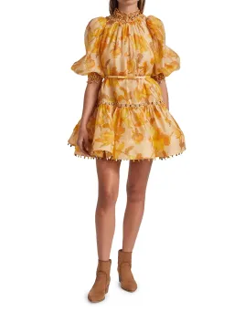 Zimmermann Tempo Trim Rouleau Mini Dress Gold Peonies Size 3 for rent on The Volte - image 1