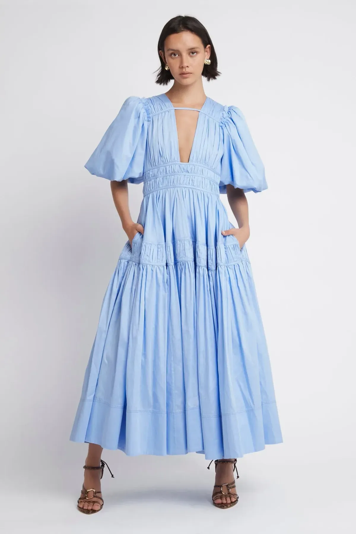 Aje Fallingwater Gathered Midi Dress Light Blue Size 8 for rent on The Volte - main image