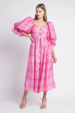 Aje Bungalow Puff Sleeve Midi Pink Check Print Size 10 for rent on The Volte - image 1